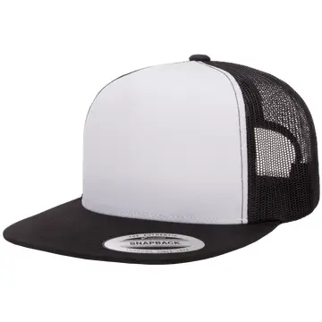 Yupoong 6006W Premium Trucker Snapback Hat, Flat Bill Cap with Mesh Back, White Front - YP Classics® | Black/White/Black
