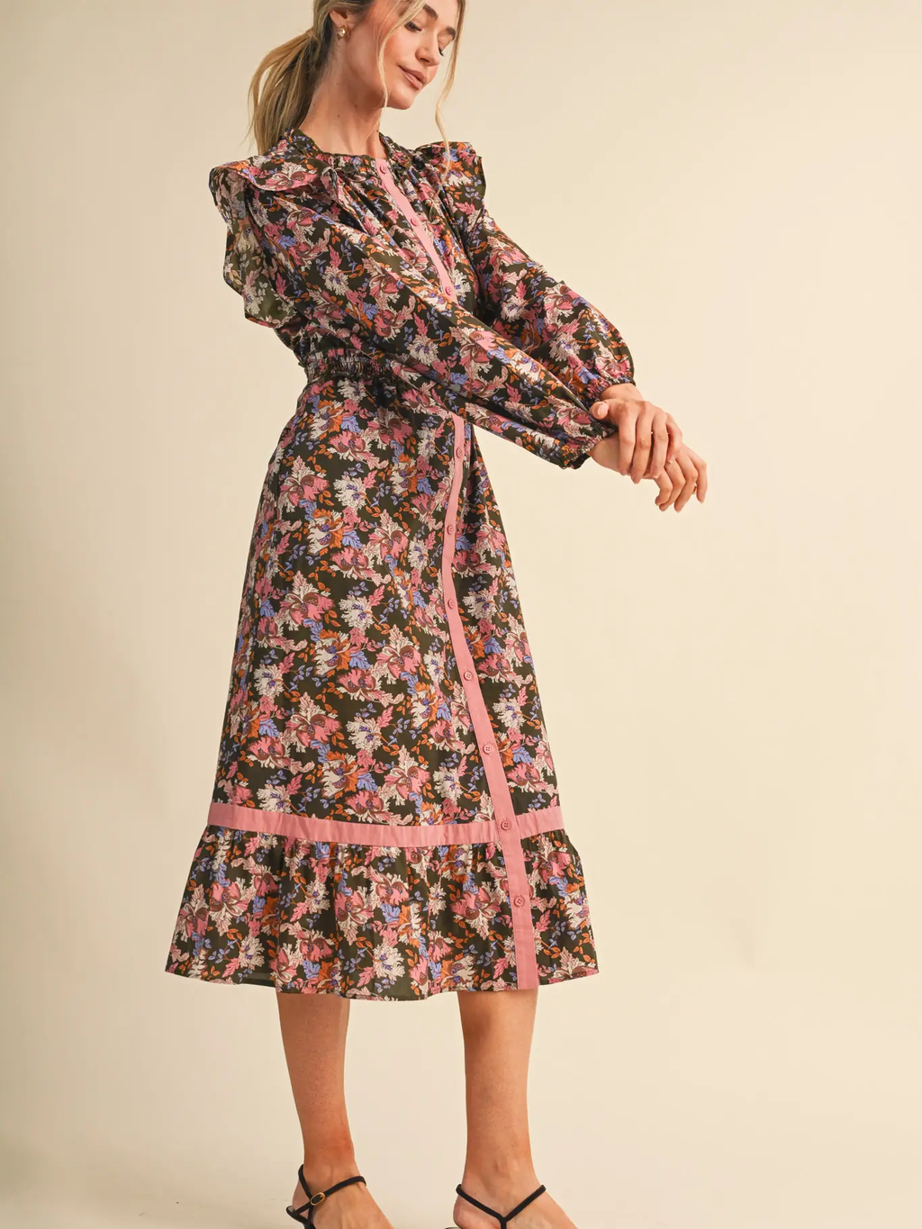 Floral Button Down Contrast Binding Midi Dress