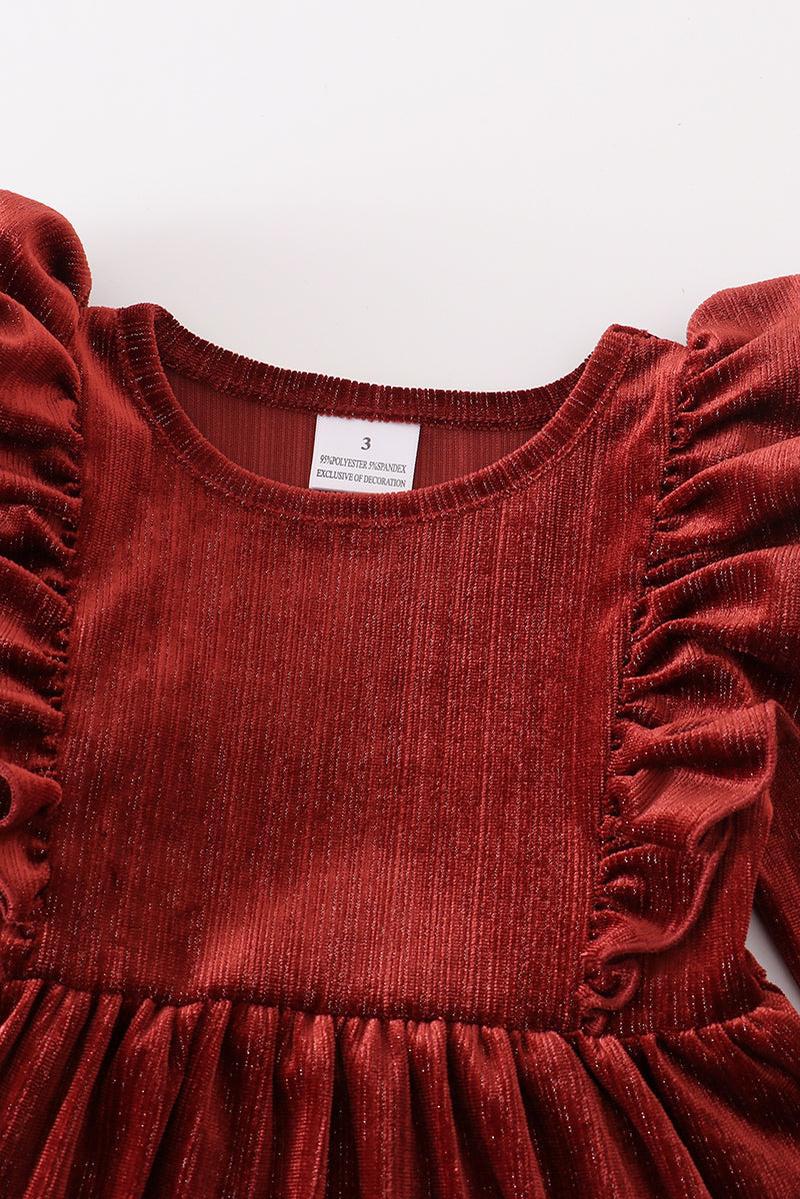BURGUNDY VELVET RUFFLE GIRL DRESS