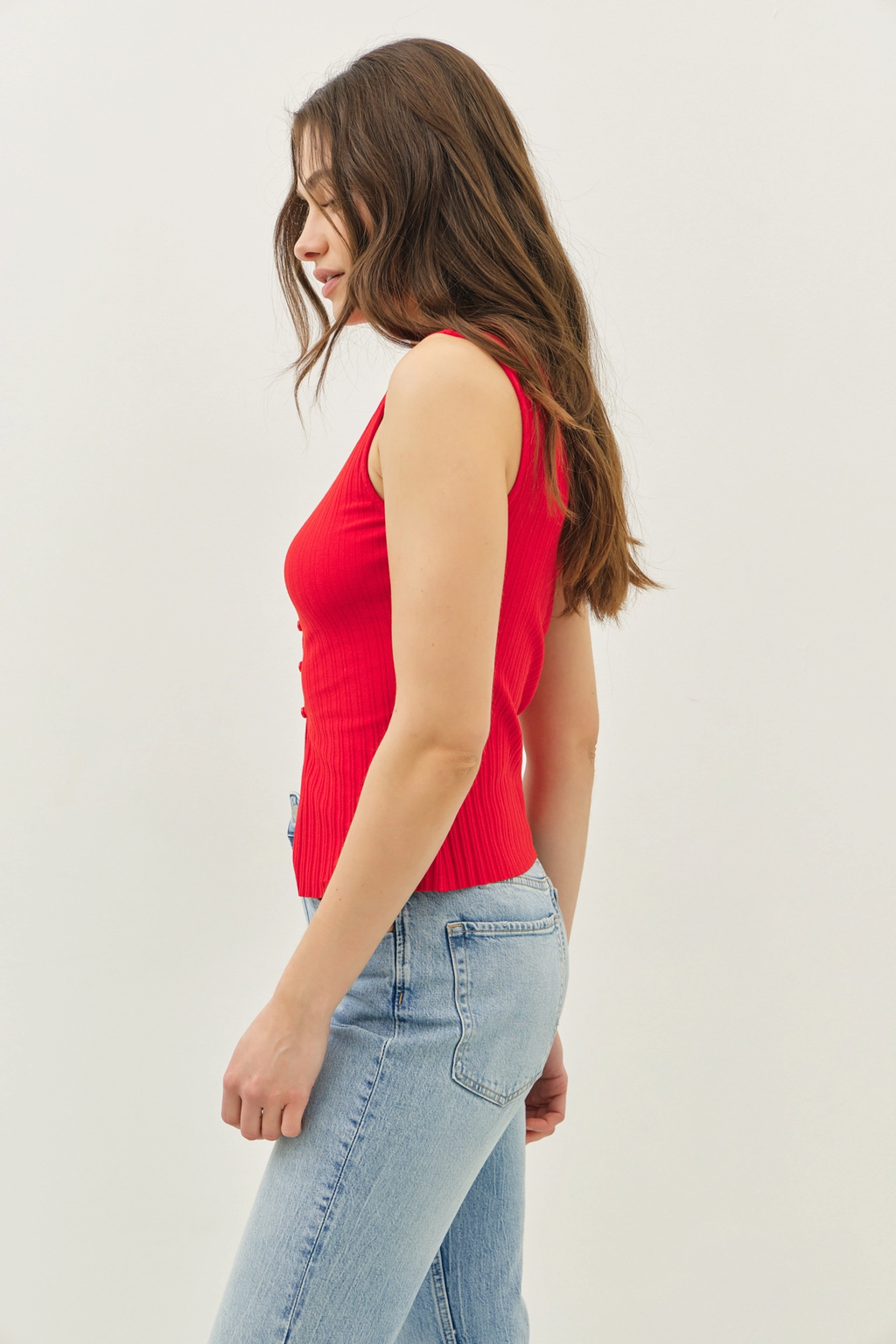 Ribbed Knit Button-Down Sleeveless Top