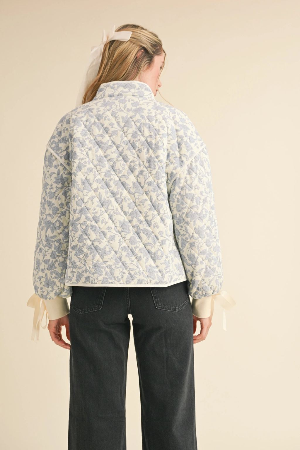 Floral Quilted Jacket with Ribbon Detail MJK3622