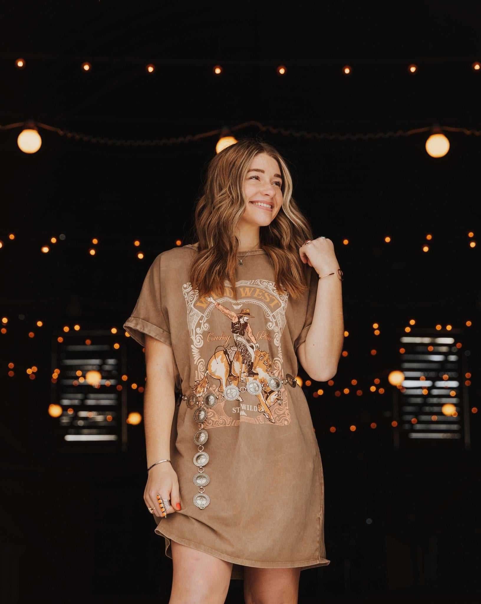 WILD WEST COWBOY RODRO GRAPHIC MINERAL WASHED DRESS - TAUPE