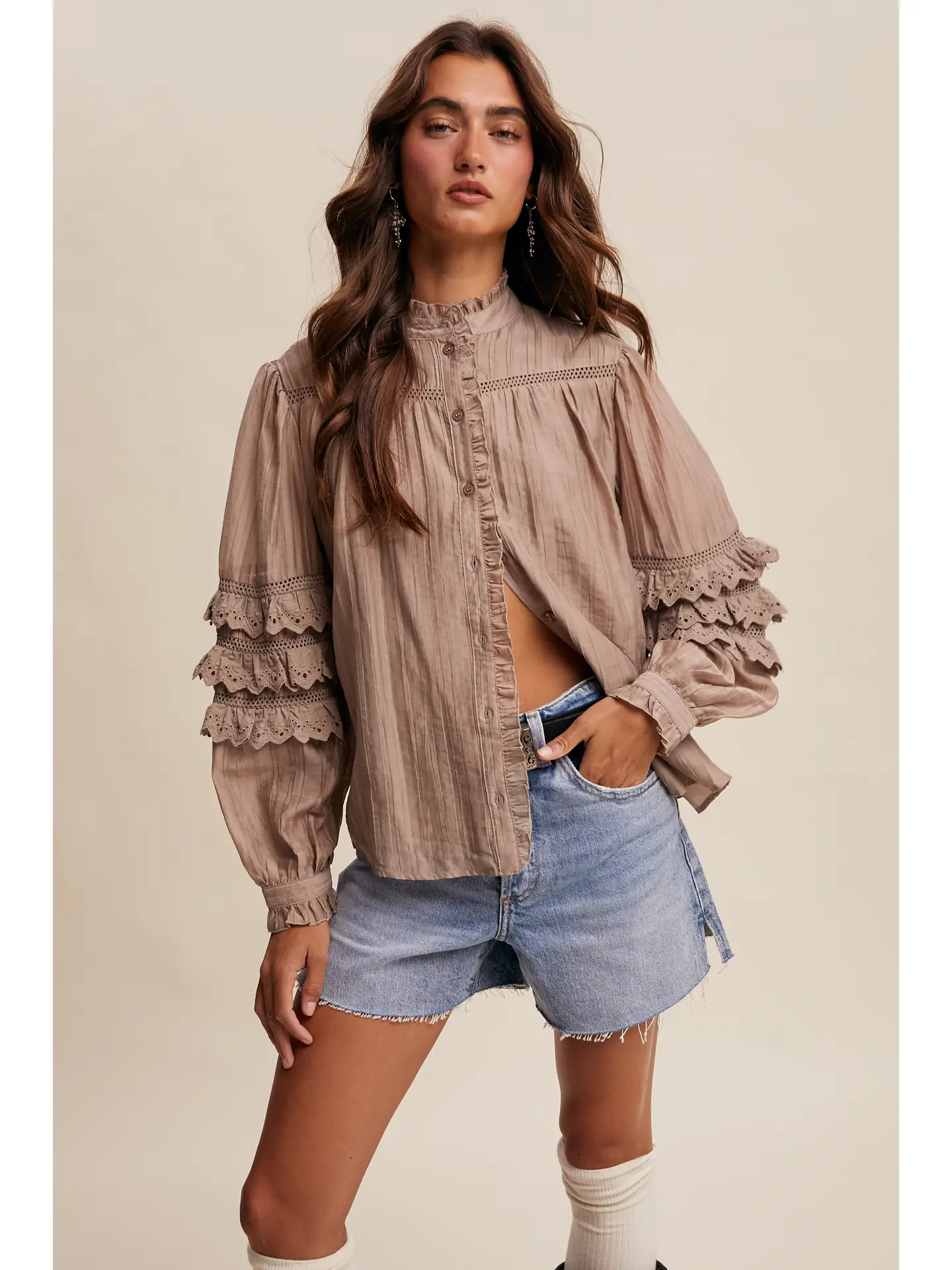 Lace Ruffle Sleeve Pintuck Blouse