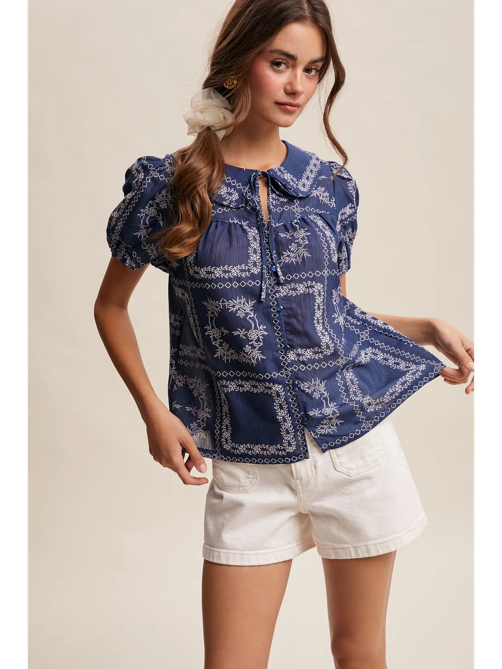 Embroidered Eyelet Puff Sleeve Blouse - NAVY