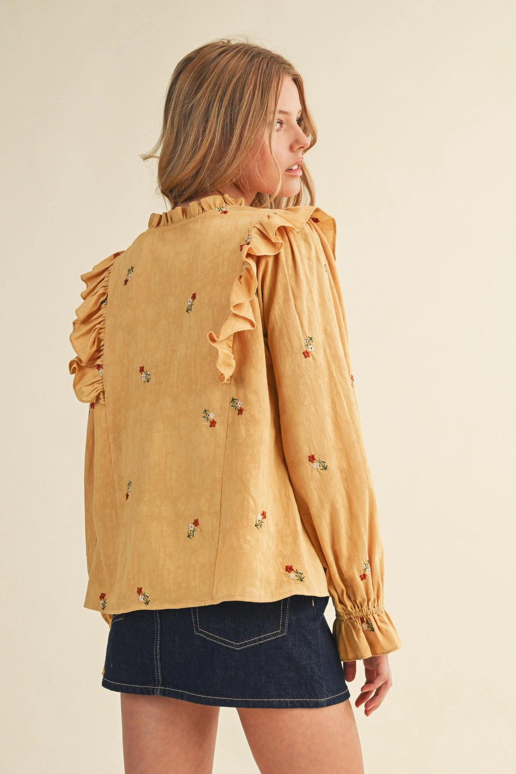 Ruffled Smocked Yoke Embroidered Blouse