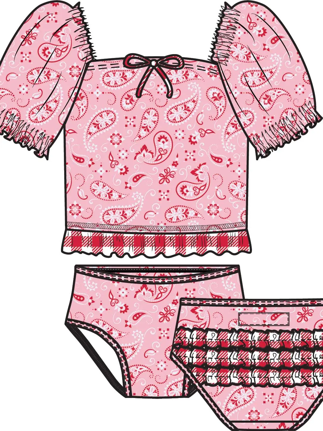 Girls Pink Western Bandana Puff Sleeve Ruffle Tankini 2-Piece Swimsuit with Signature Rear Ruffles