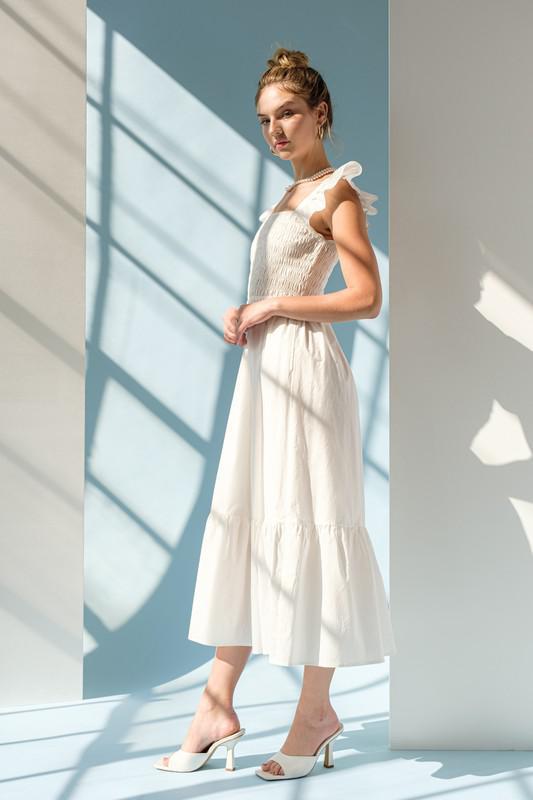 Olivia Ruffle Smocked Torso Poplin Midi Dress - White
