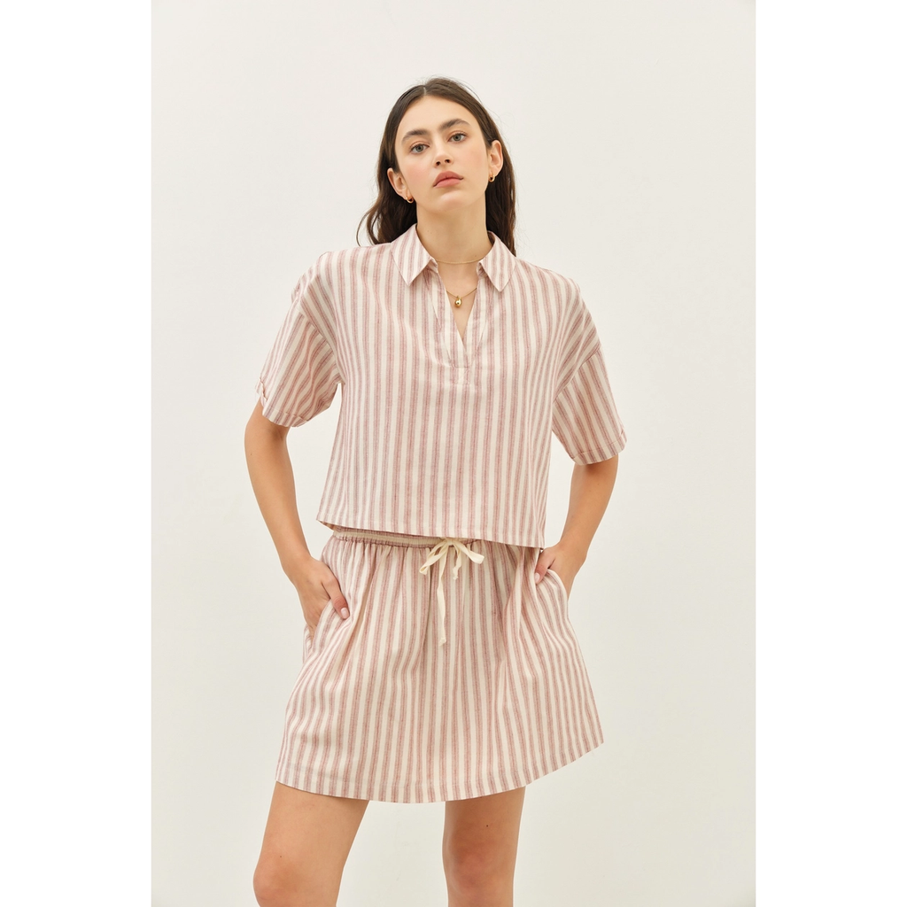 Loose Fit Stripe Polo Neck Crop Top with Drop Shoulders - Red