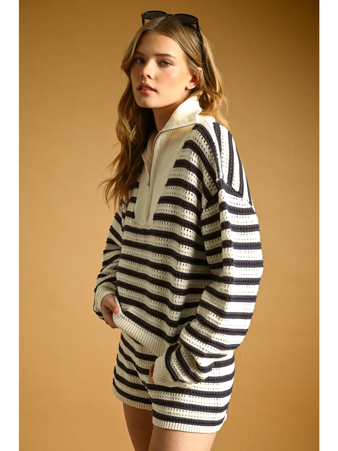 Stripe Pattern Half Zip Sweater Top