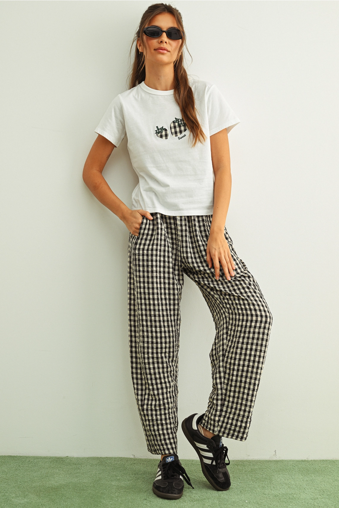 Gingham Pattern Elastic Band Waist Pants - BLACK & WHITE