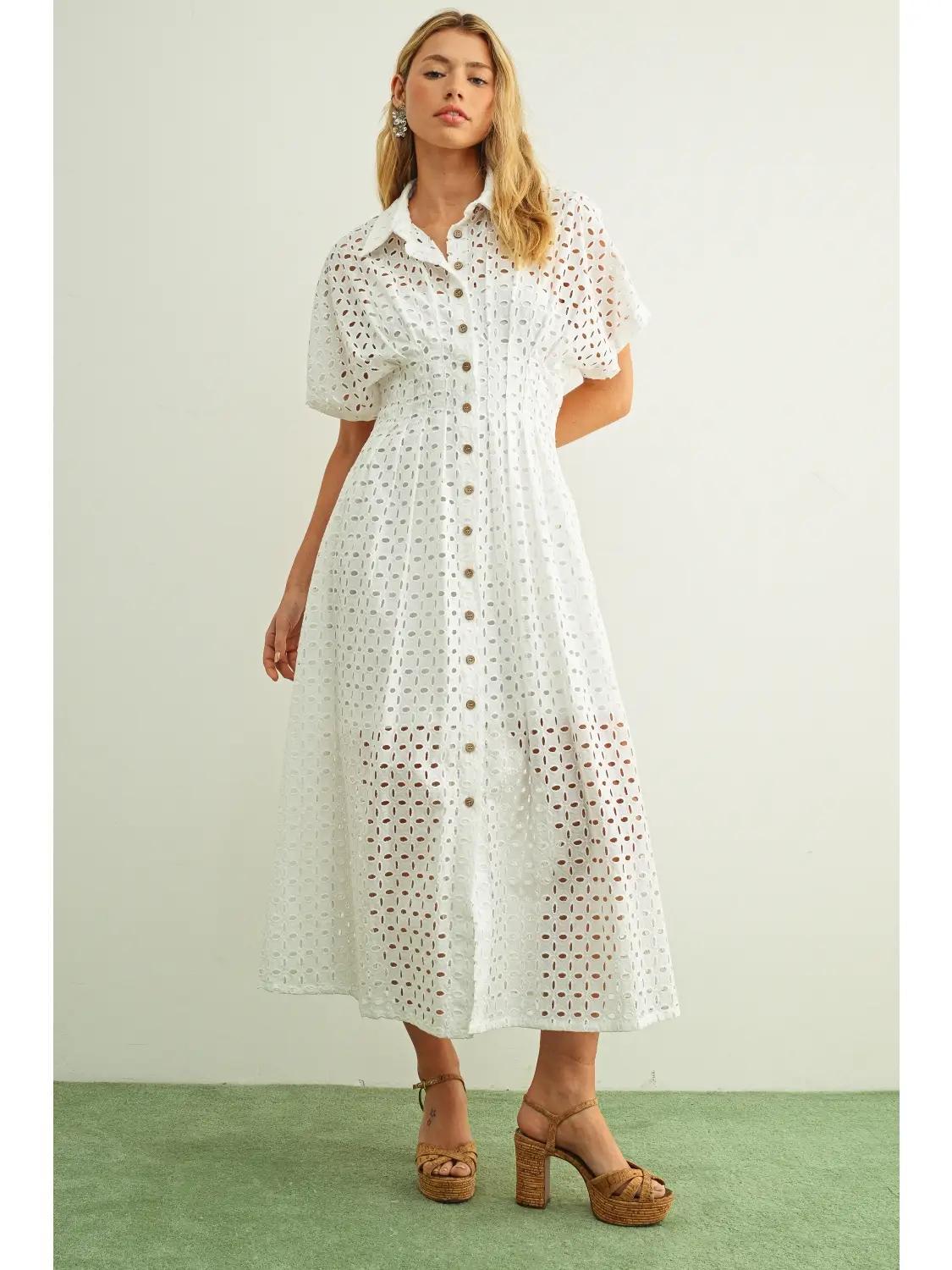 Eyelet Fabric Button Front Shirt Dress