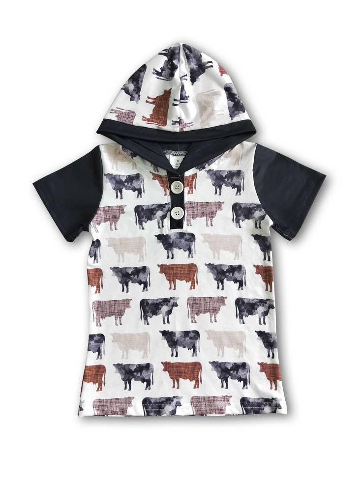 SHORT SLEEVE COW HOODIE SHIRT