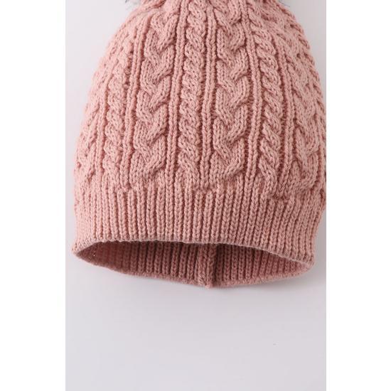 DUST ROSE CABLE KNIT POM POM BEANIE