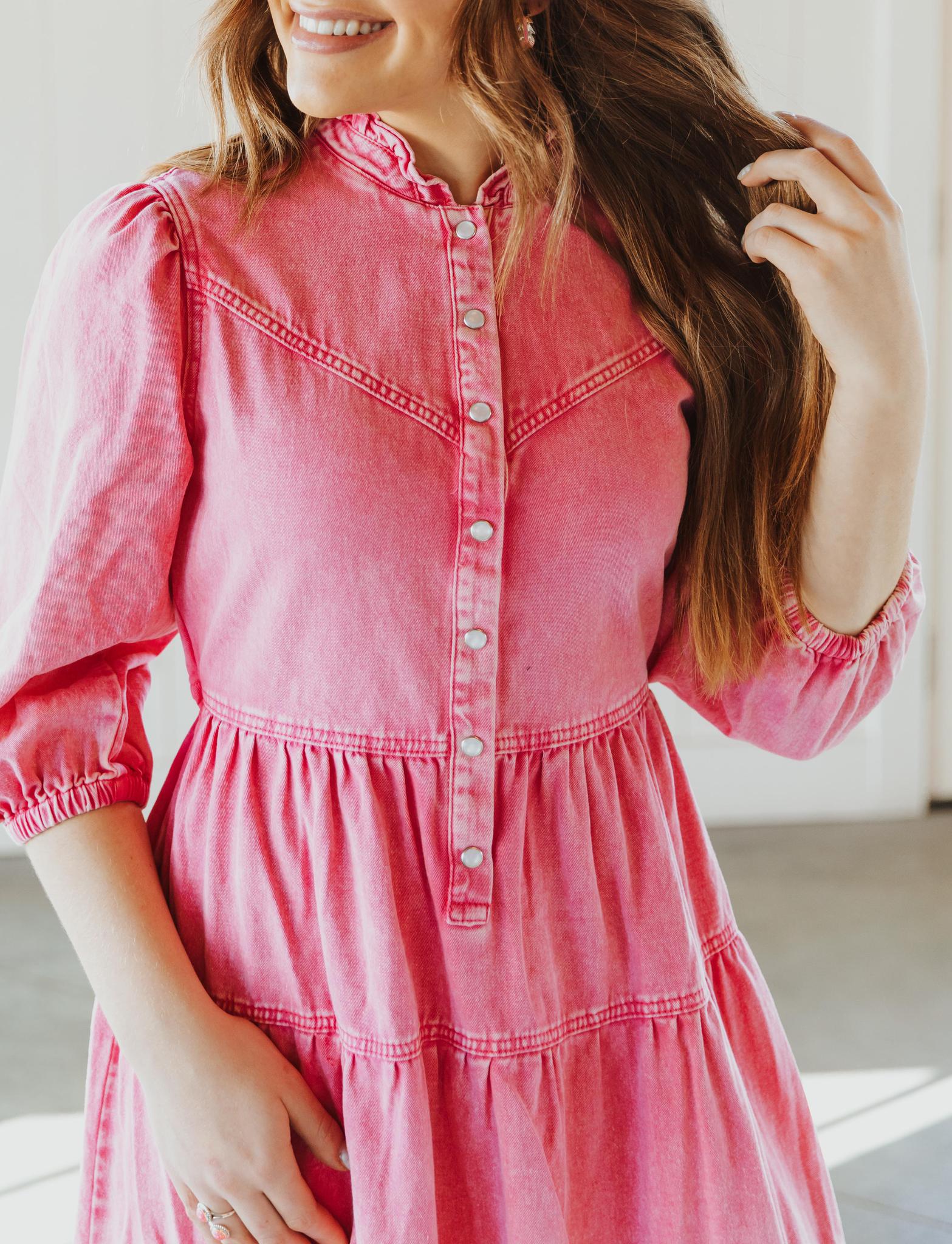 Garment Washed Chevron Yoke Midi Denim Dress - Hot Pint