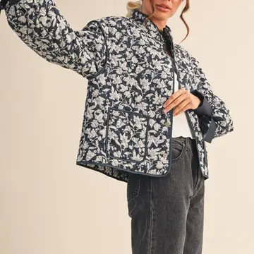 Floral Quilted Jacket with Ribbon Detail MJK3622 - navy floral