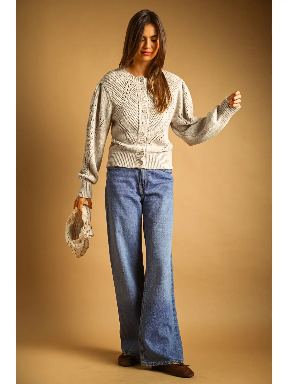 Button Front Cable Knit Cardigan - OATMEAL