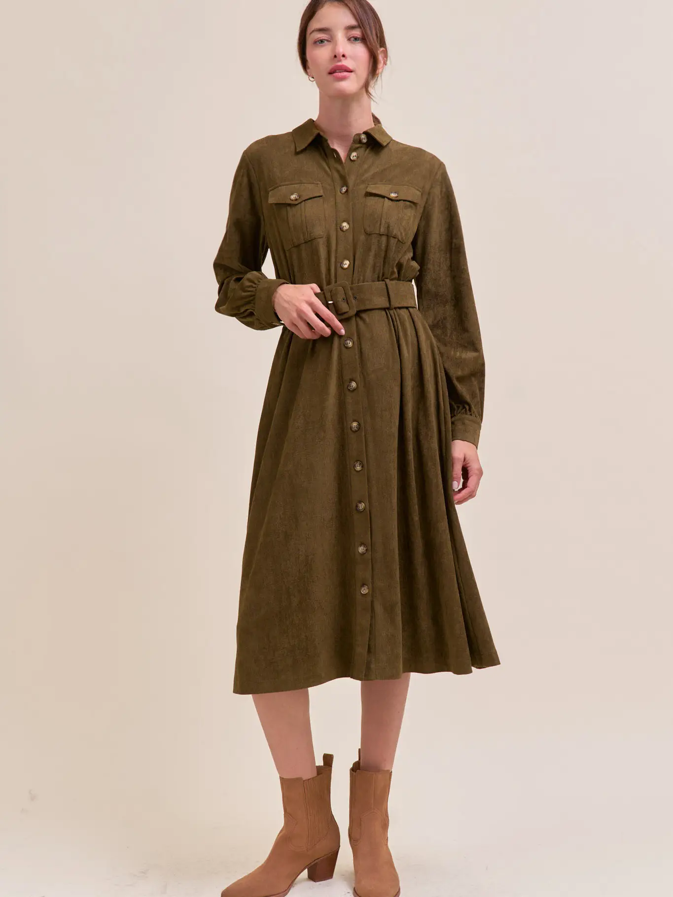 Suede Shirt Dress - OLIVE