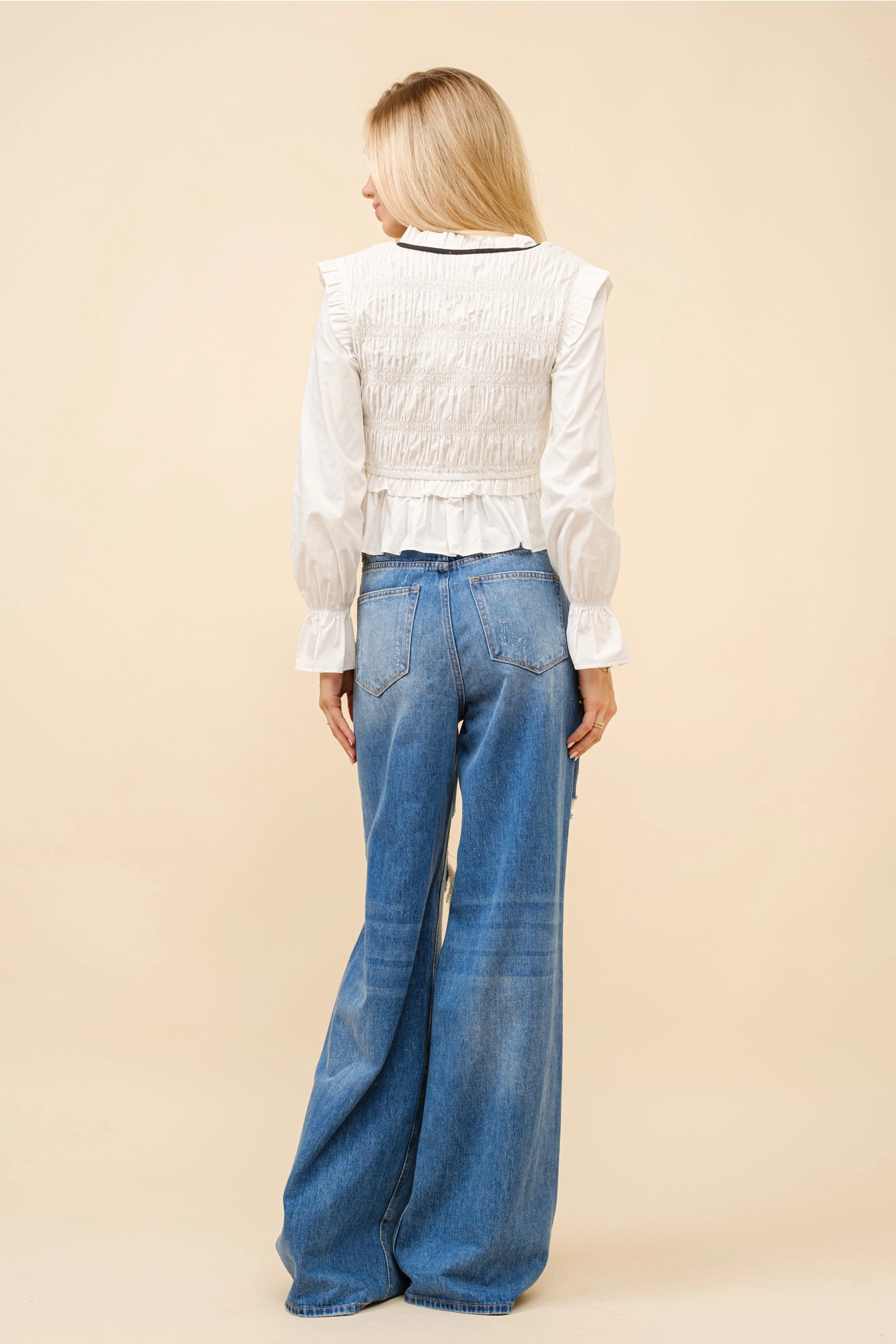 Poplin Smocked Bodice Ruffle Tie Blouse