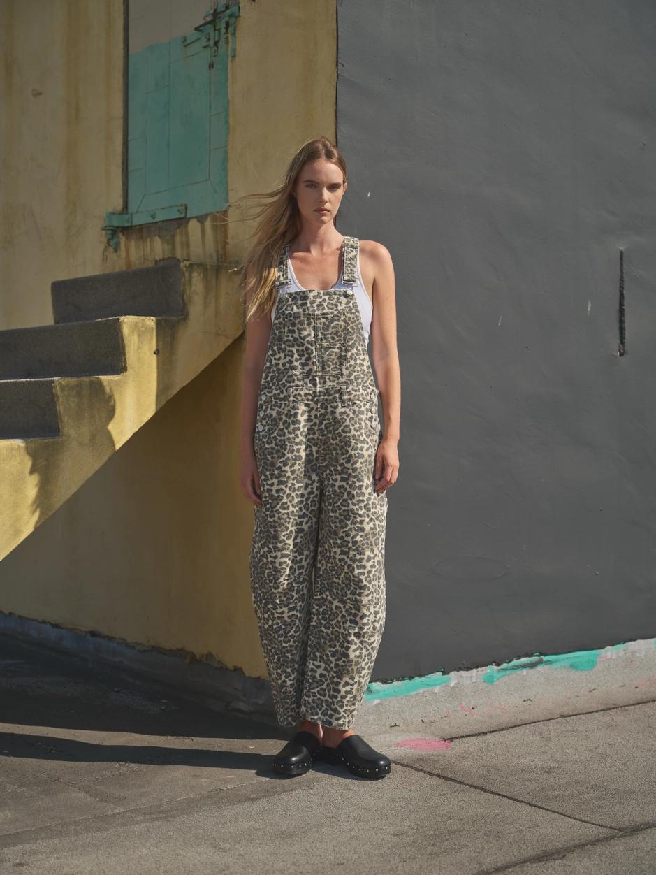 Leopard Print Slouchy Relax Fit Denim Overall
