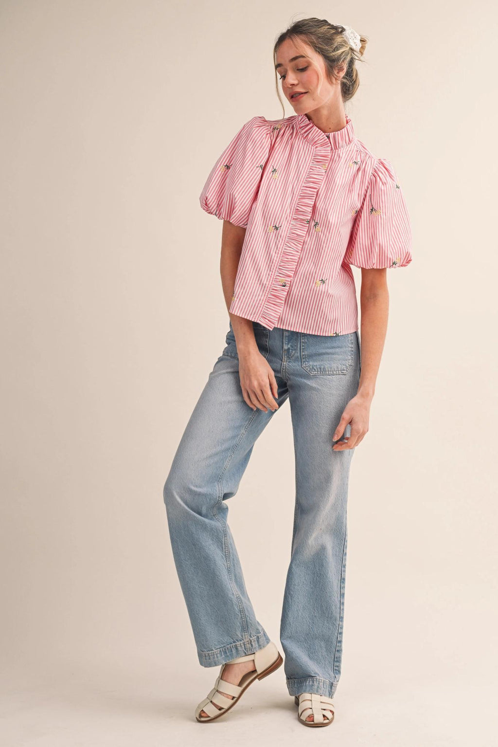 Floral Embroidery Striped Ruffled Button Down Top - Pink Berry Stripe