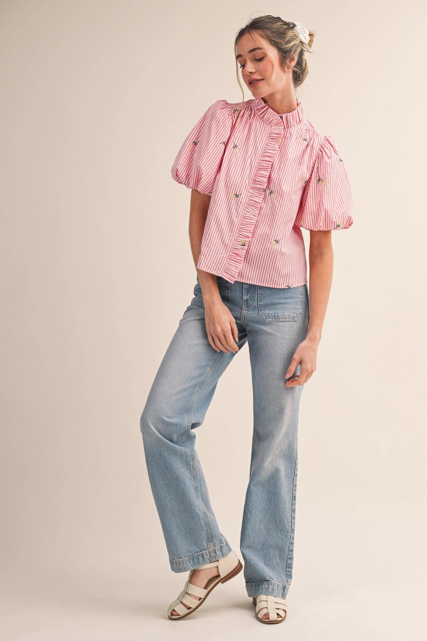 Floral Embroidery Striped Ruffled Button Down Top - Pink Berry Stripe