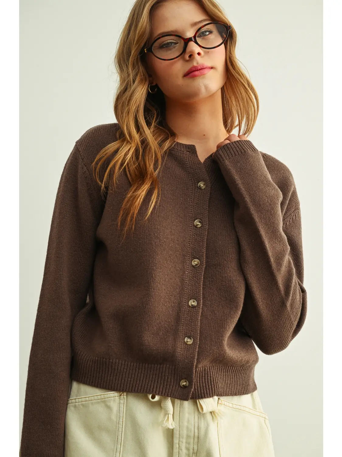 Simple Button Front Round Neck Sweater Cardigan - BROWN