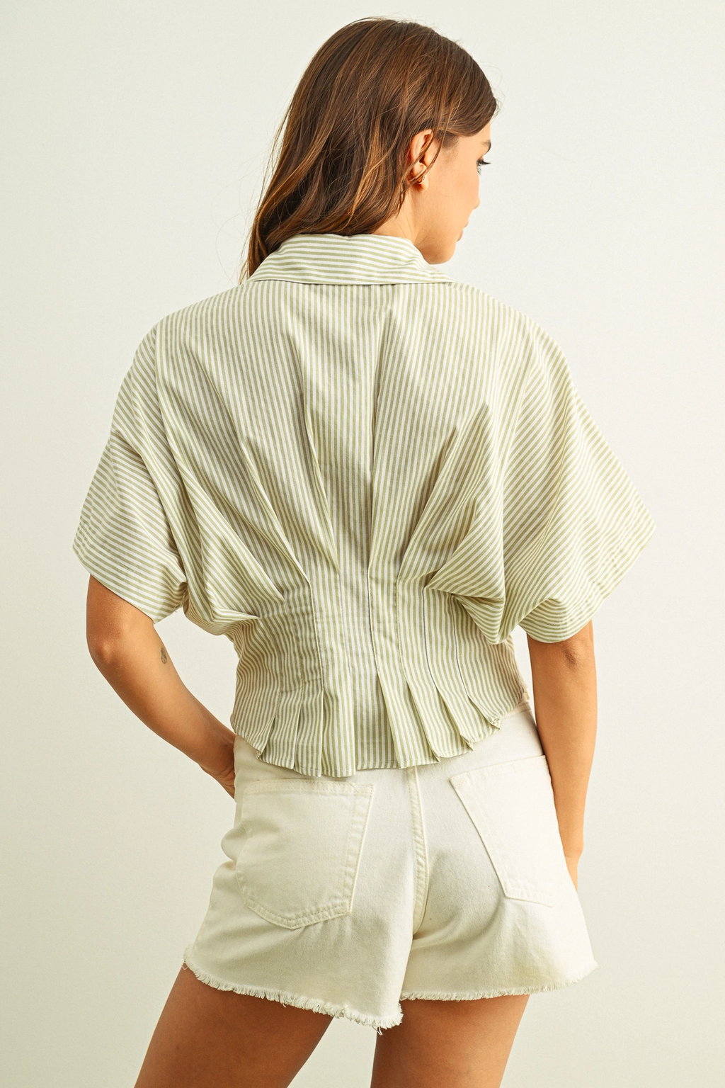 Stripe Button Front Shirts with Pleated Waist Detail - Green