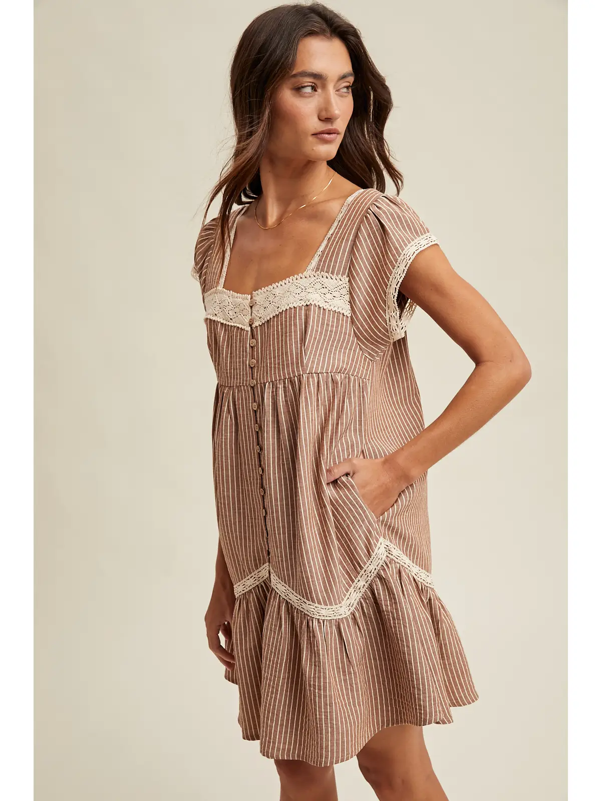 Striped Mini Dress with Lace Trim Detail