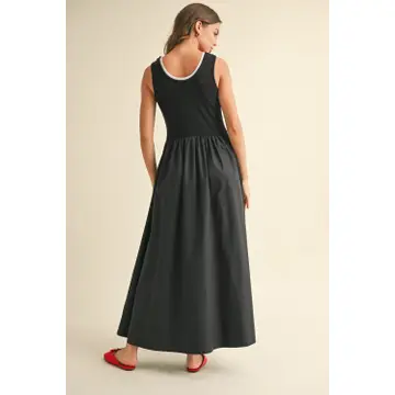 Ribbed Top Woven Skirt Combo Dress - Black