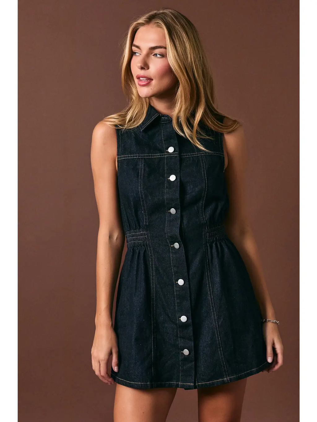 Elastic Waist Sleeveless Denim Dress
