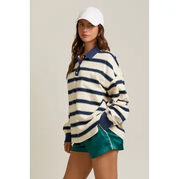Long Sleeve Collared Oversized Stripe Top - CREAM & NAVY STRIPE