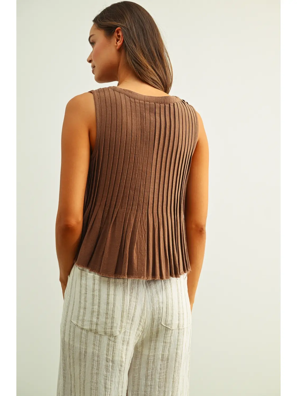 All Pleated Button Front Sleeveless Top