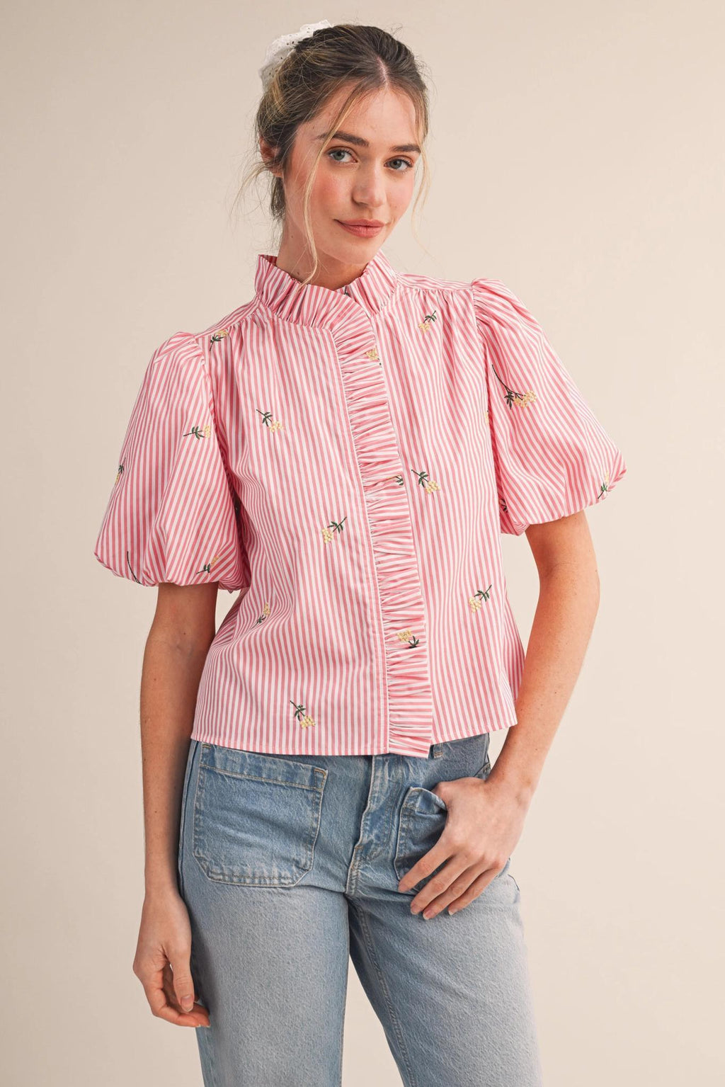 Floral Embroidery Striped Ruffled Button Down Top - Pink Berry Stripe