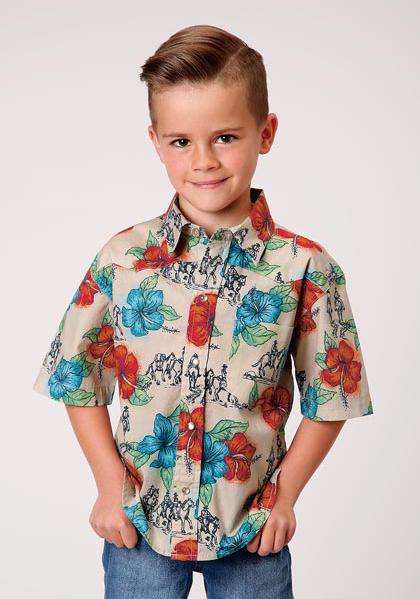 BOYS S/S SHIRT PERFORMANCE Y/D ALLOVER PRINT - SNAP 01056 TRAIL RIDE TROPICAL 03-031-0064-0366 MU