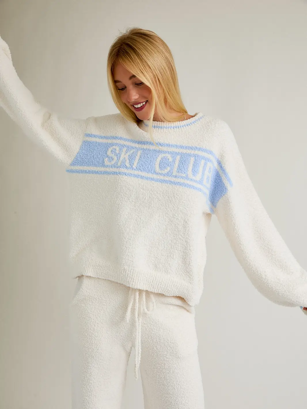 "Ski Club" Long Sleeve Sweater - CREAM-LT BLUE