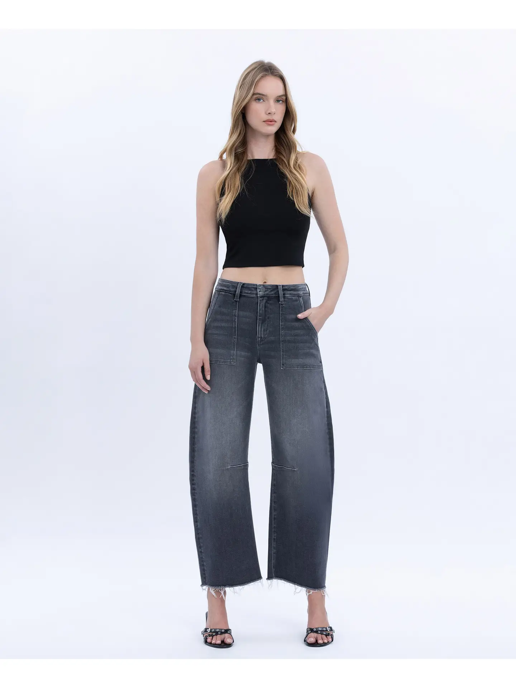 High Rise Raw Hem Crop Utility Barrel Jeans - Beachwood