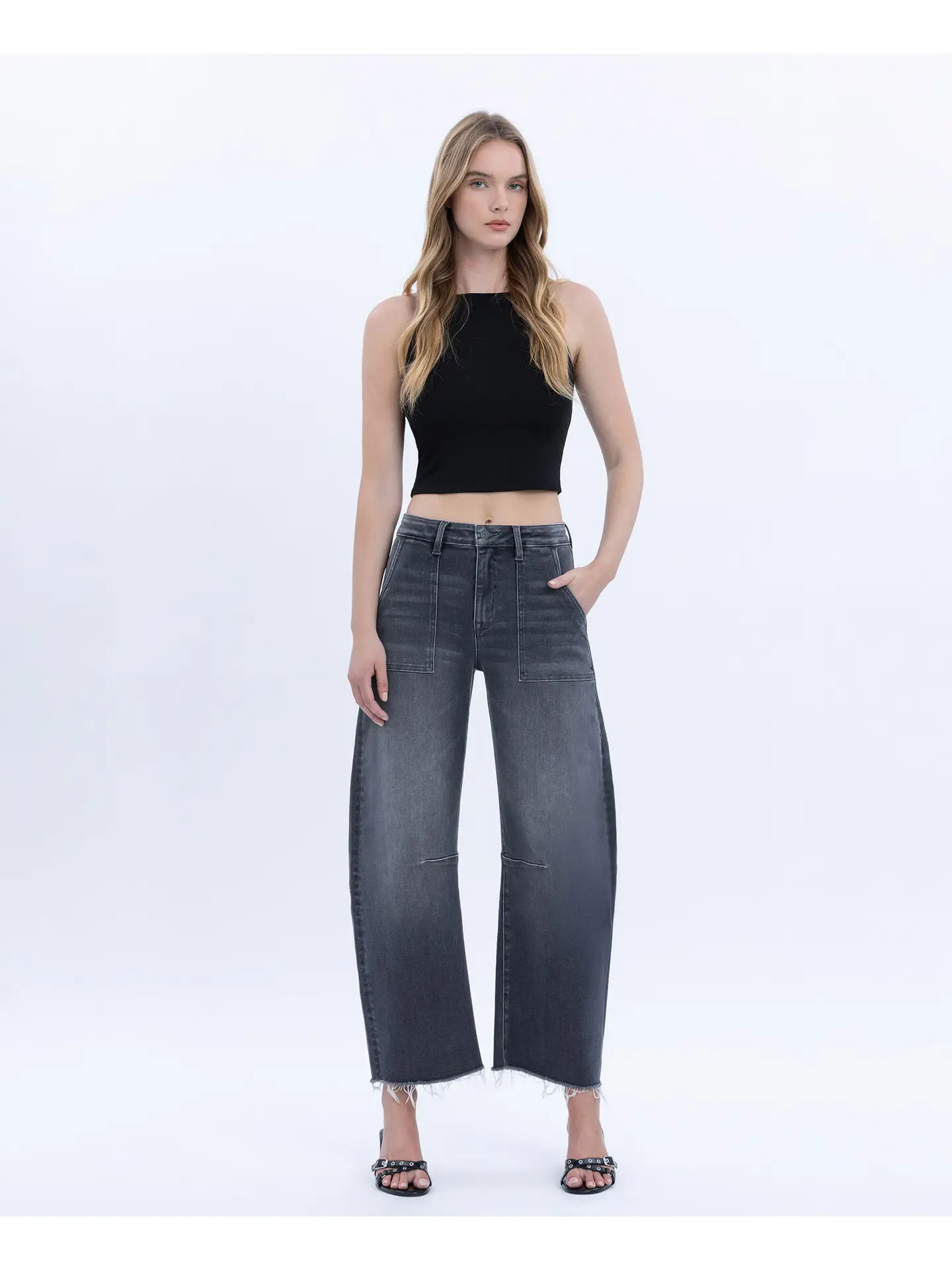 High Rise Raw Hem Crop Utility Barrel Jeans - Beachwood