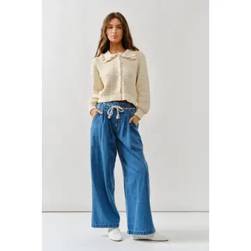 Ruffle Collar Knit Cardigan - Natural