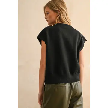 Loose Fit Short Sleeve Sweater Top - BLACK