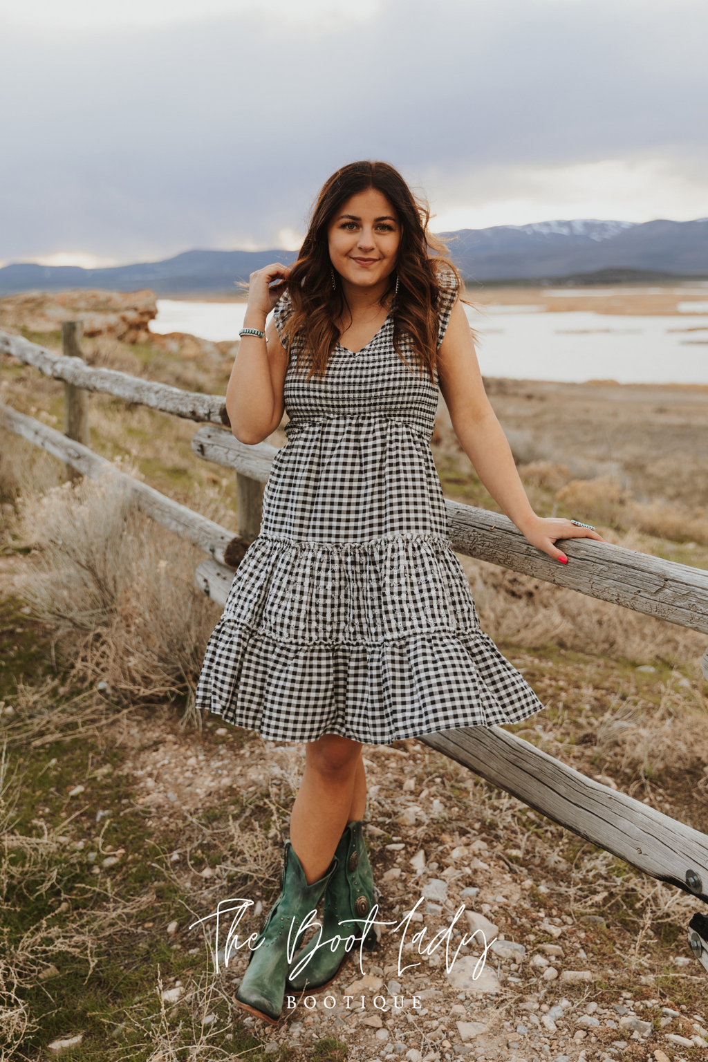 GINGHAM SMOCK DRESS EMBROIDERY - BLACK/WHITE