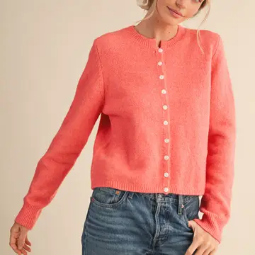 Marled Knit Sweater Cardigan - CORAL RED