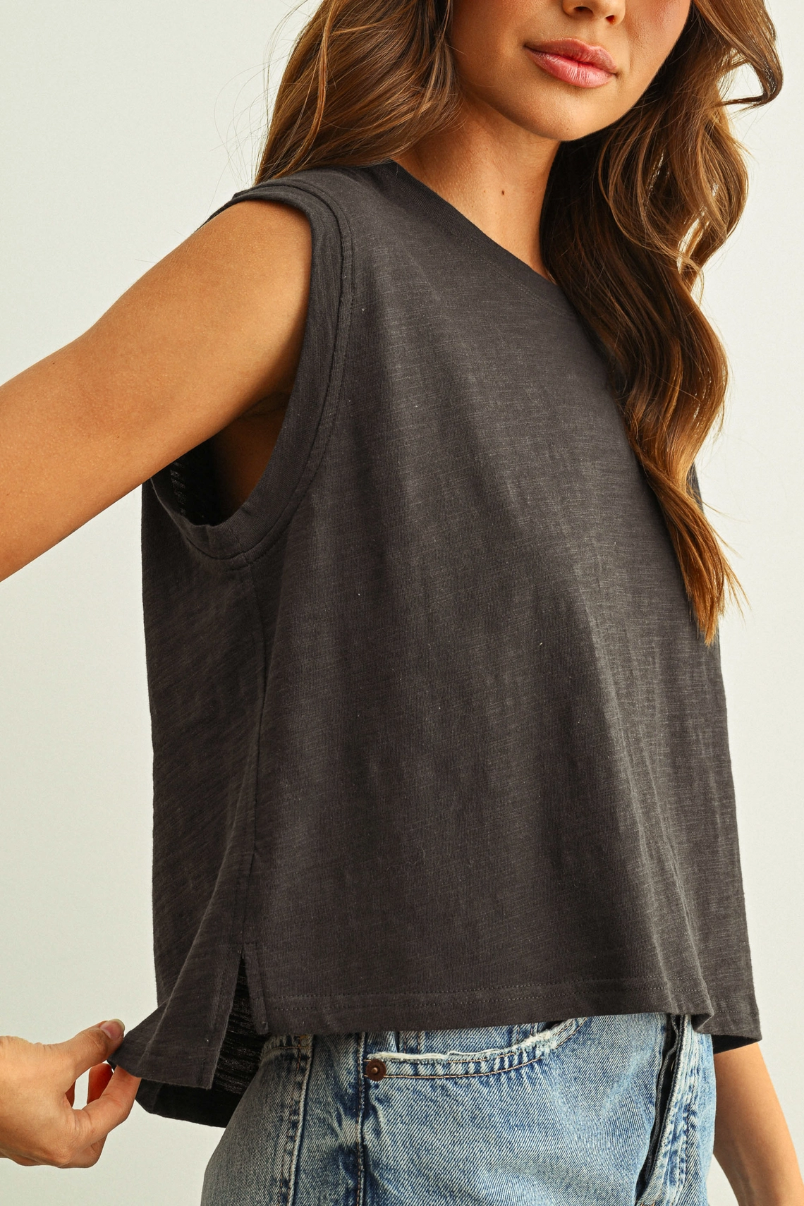 Round Neck Slub Top - Navy