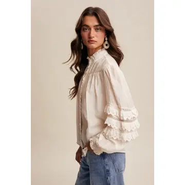 Lace Ruffle Sleeve Pintuck Blous - CREAM