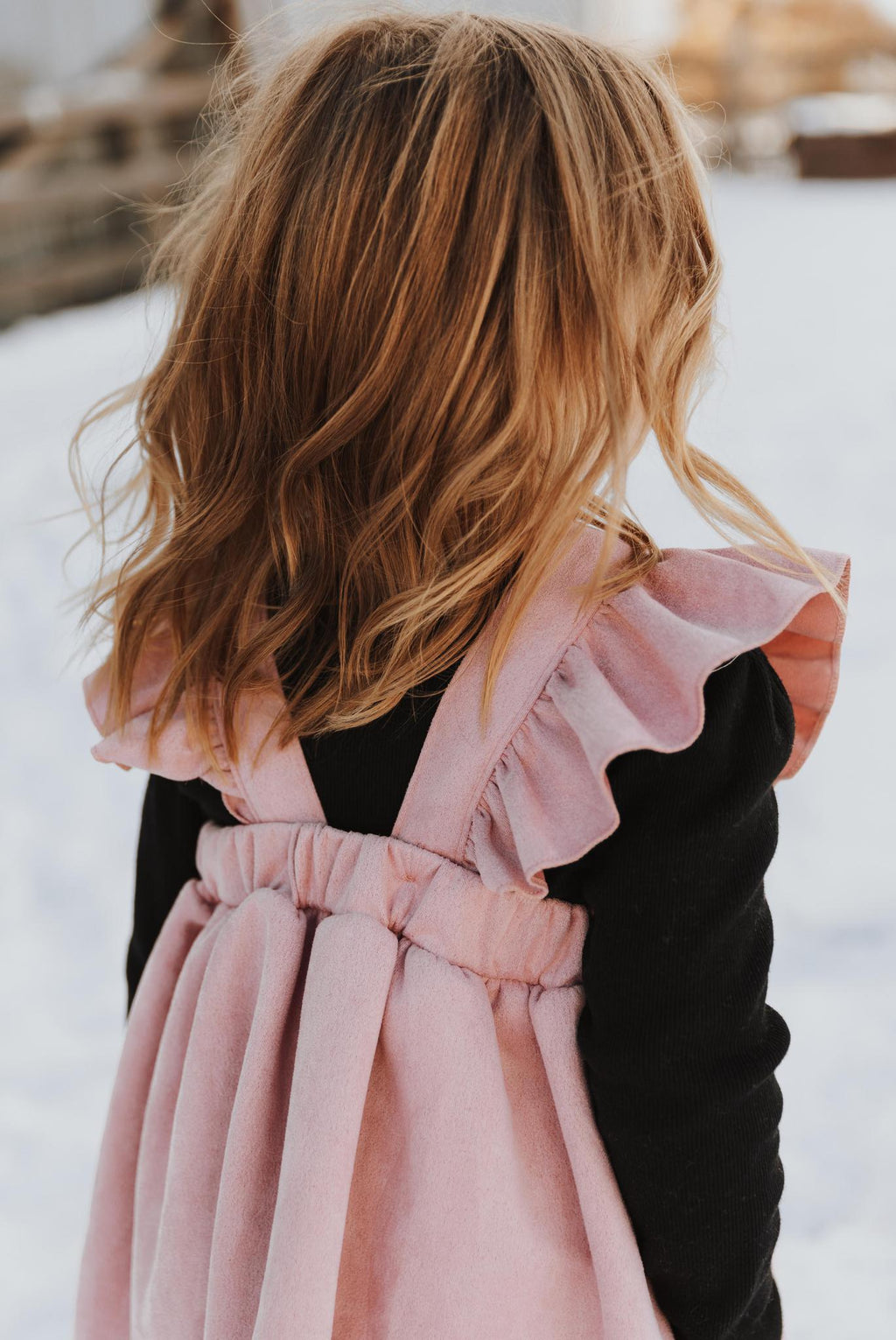 GIRLS PINK SUEDE RUFFLE GIRLS DRESS