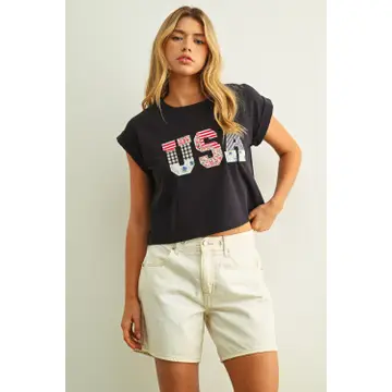 USA Floral Patchwork Front T Shirts