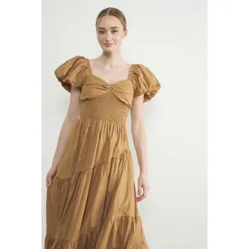 Puff Sleeves Smocked Bodice Tiered Midi Dress - Rust
