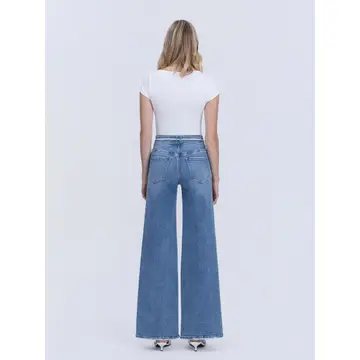 High Rise Double Buttons Drawstring Wide Leg Jeans