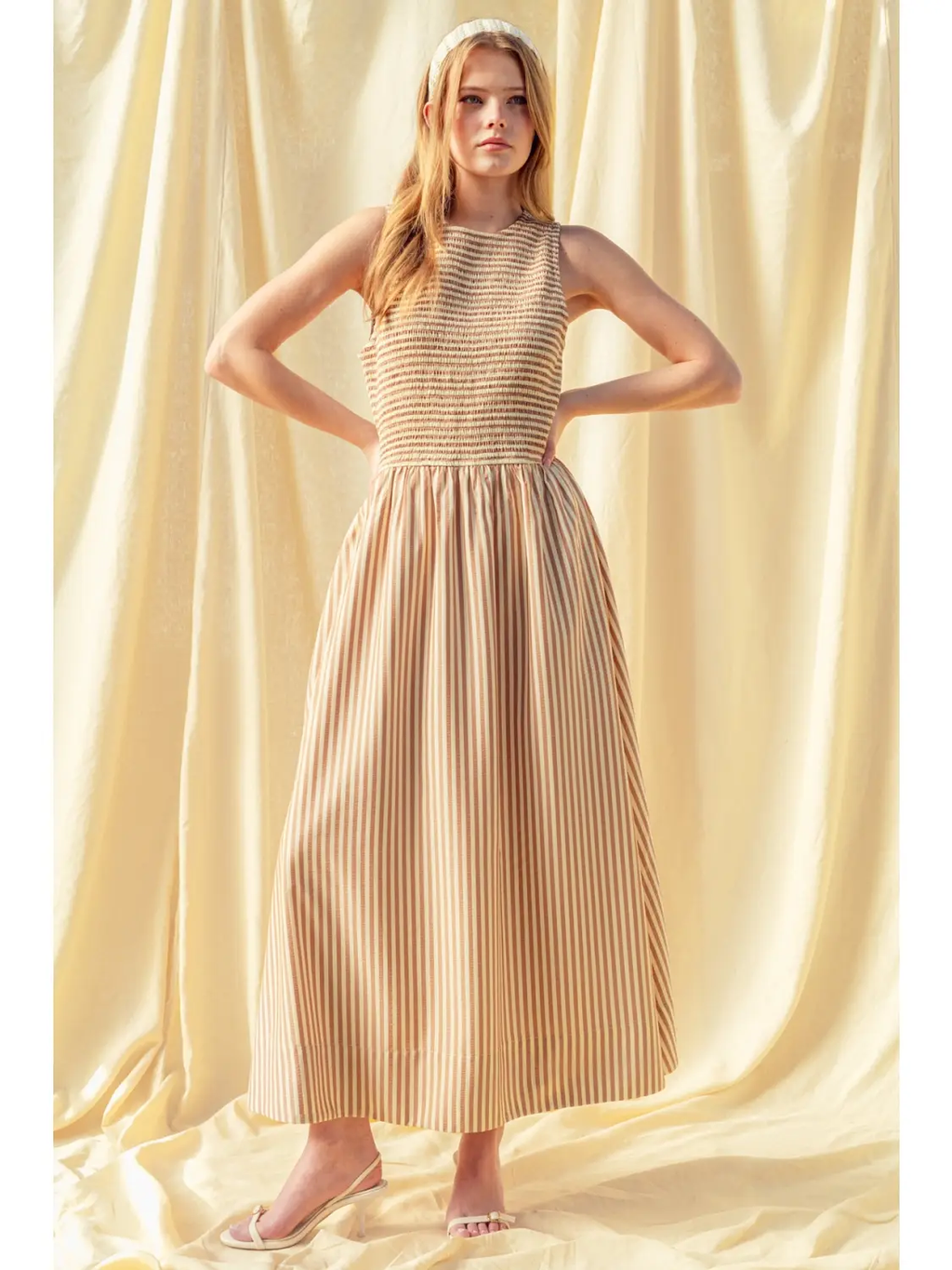 Striped Fabric Smocking Top Long Dress