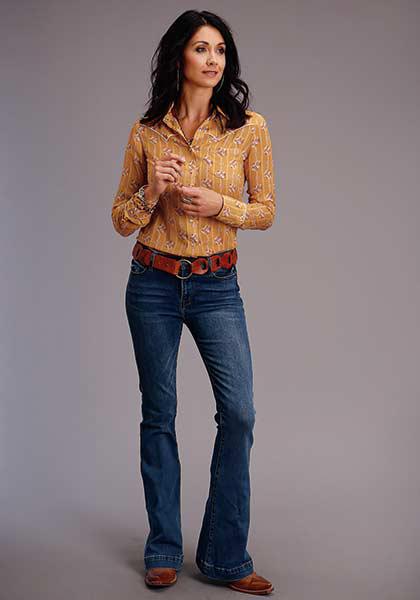 Women's Viscose "Horseshoe Wallpaper" Print Western Long Sleeve Blouse 11-050-0590-0321 YE