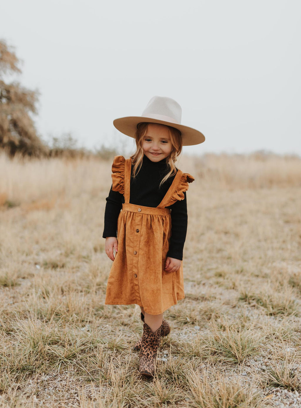 GIRLS KHAKI RUFFLE SUSPENDER DRESS
